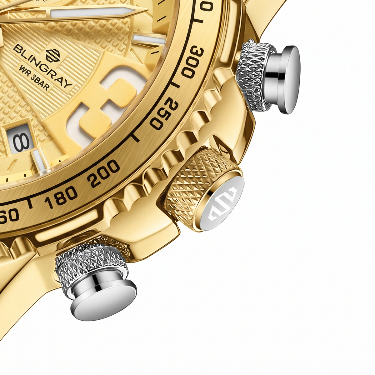 Zifferblatt der Alltrack Pioneer Gold Uhr
Seitenansicht der Alltrack Pioneer Gold Uhr von Blingray
