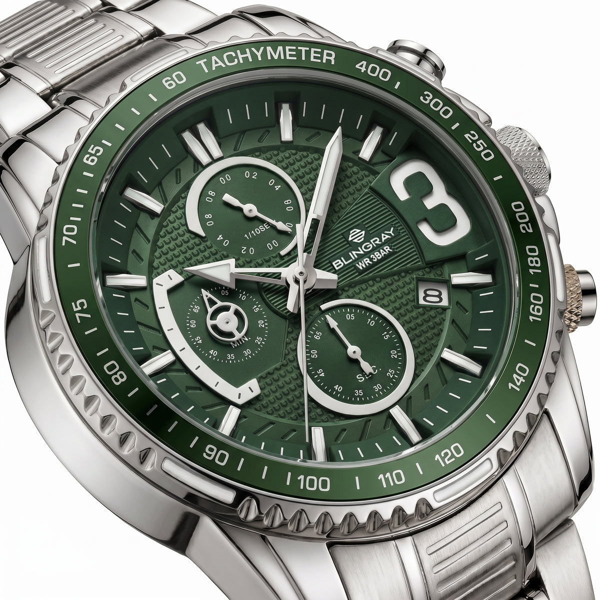Detailaufnahme der Alltrack Pioneer Silver-Green Uhr
