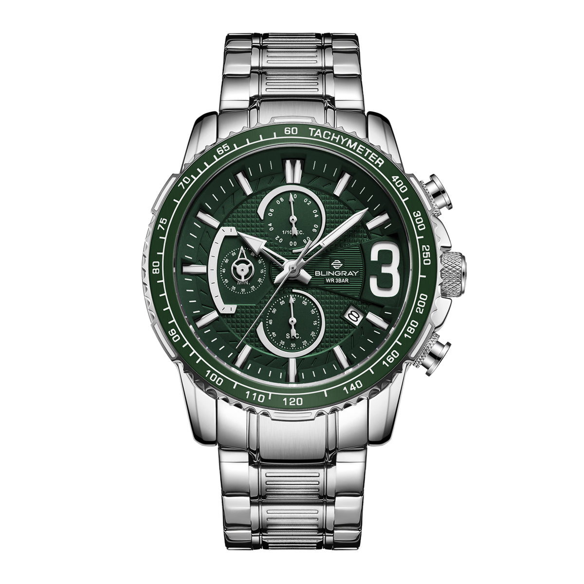 Alltrack Pioneer Silver-Green Uhr von Blingray mit grünem Zifferblatt
