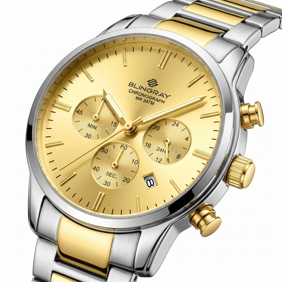 Seitenansicht der Ocean Pilot Silver-Gold Uhr von Blingray
