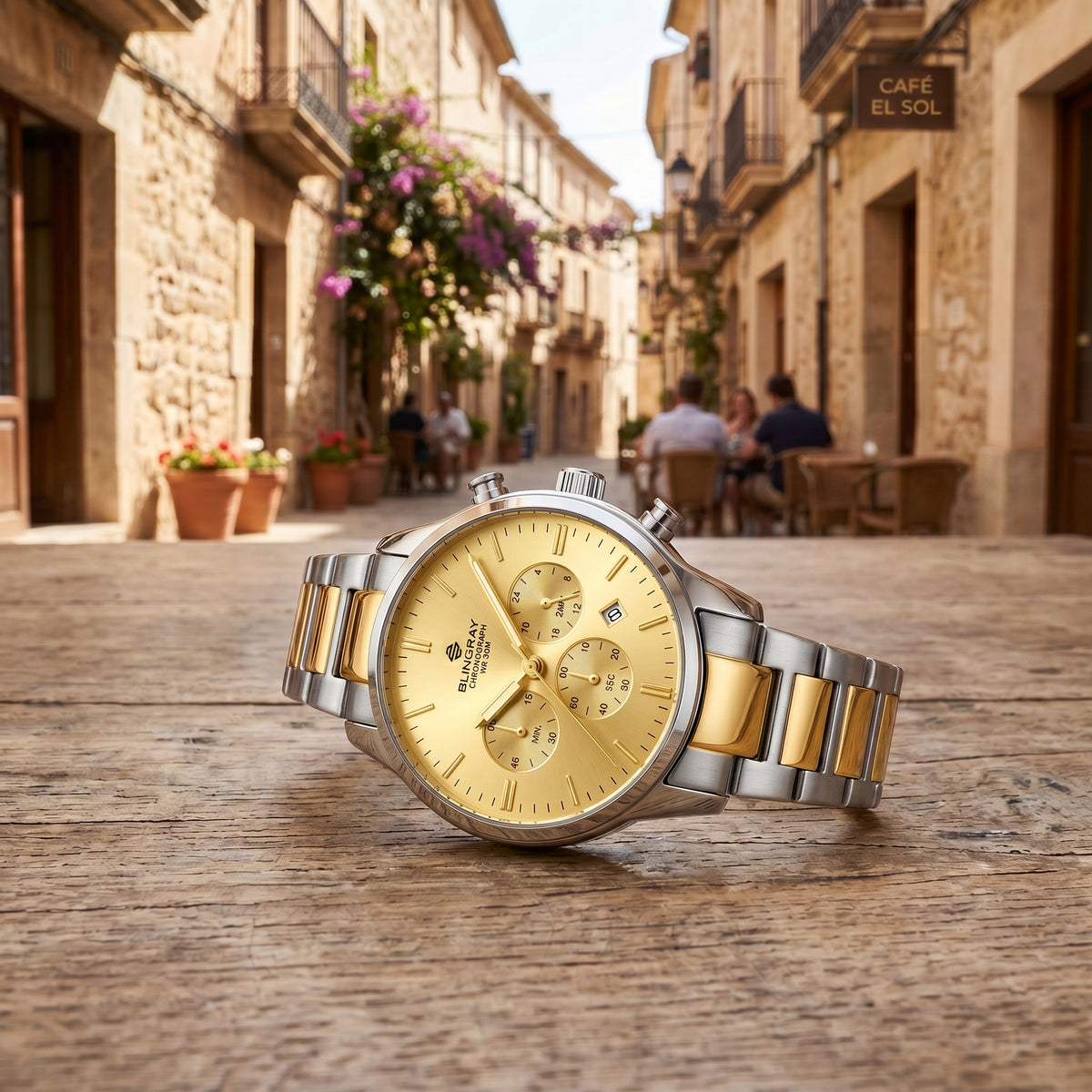 Edelstahlarmband und Verschluss der Ocean Pilot Silver-Gold Herrenuhr
