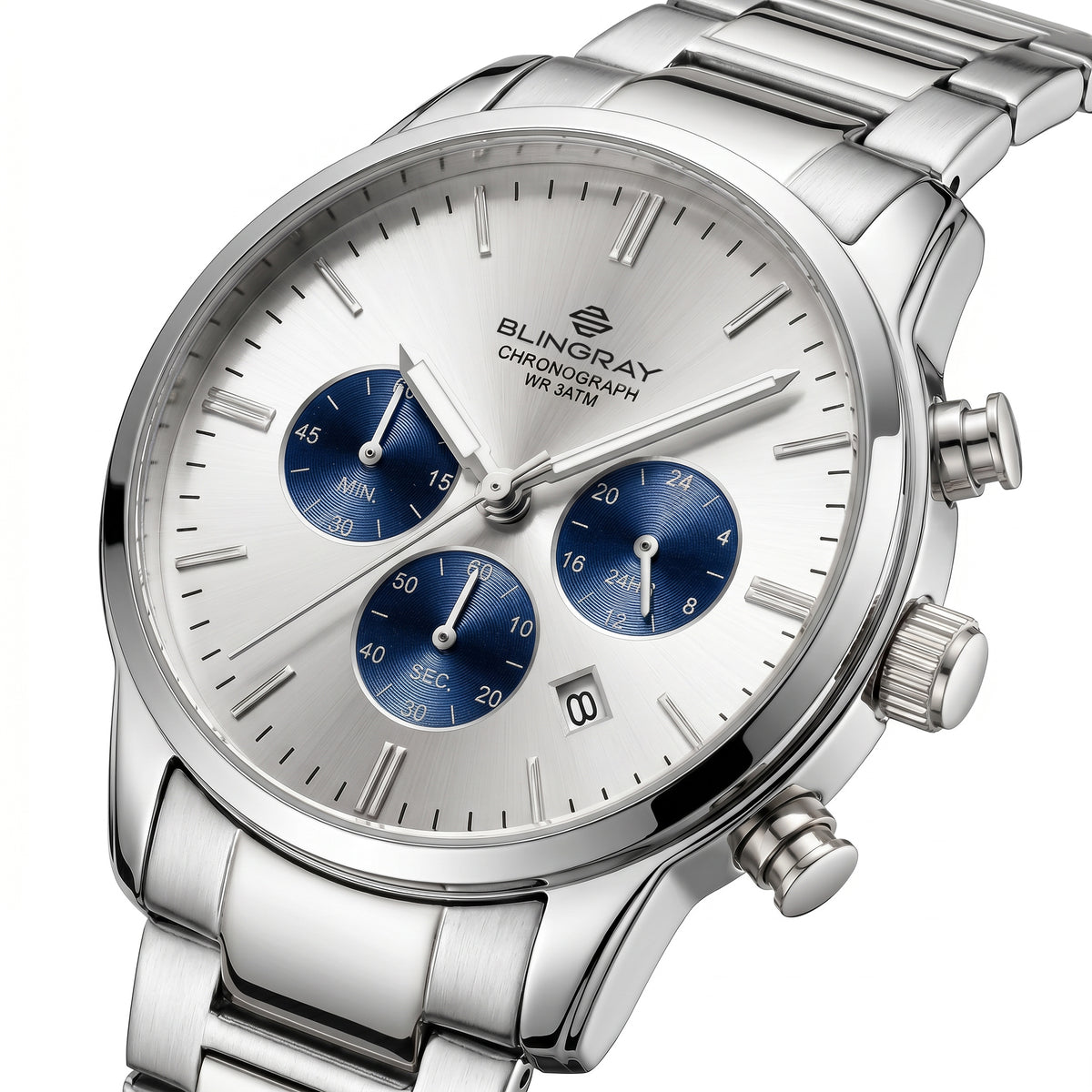 Blingray Ocean Pilot Silver Herrenuhr auf hellem Hintergrund