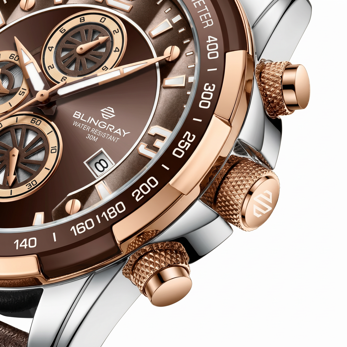 Detailaufnahme der Trailblazer Roségold Herrenuhr
