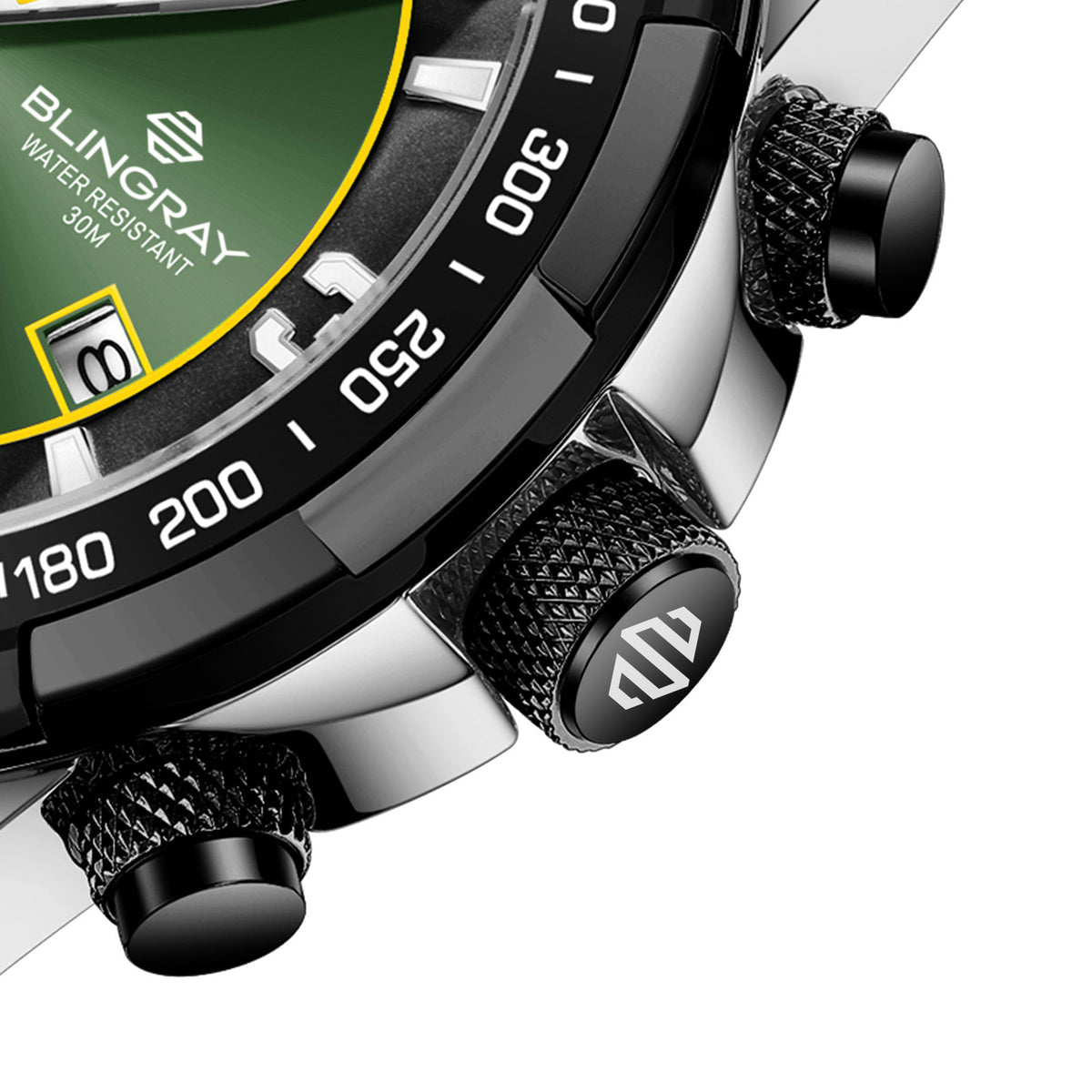Detailaufnahme der Trailblazer Silver-Green Herrenuhr
