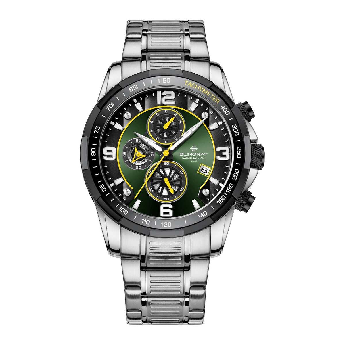 Trailblazer Silver-Green Herrenuhr von Blingray mit grünem Zifferblatt
